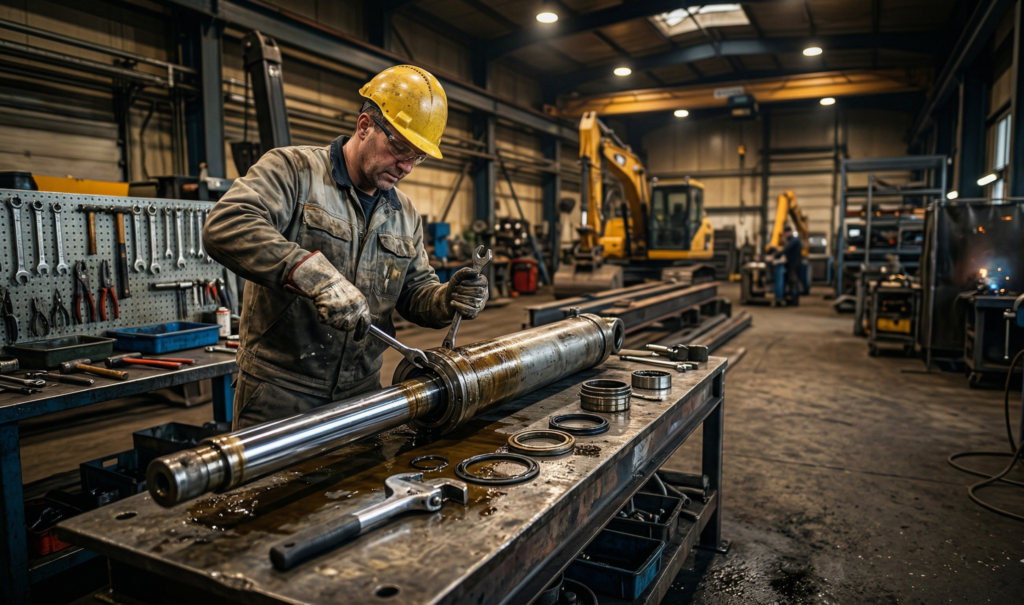 Hydraulic cylinder repair for heavy equipment showing maintenance, seal replacement, and industrial machinery servici