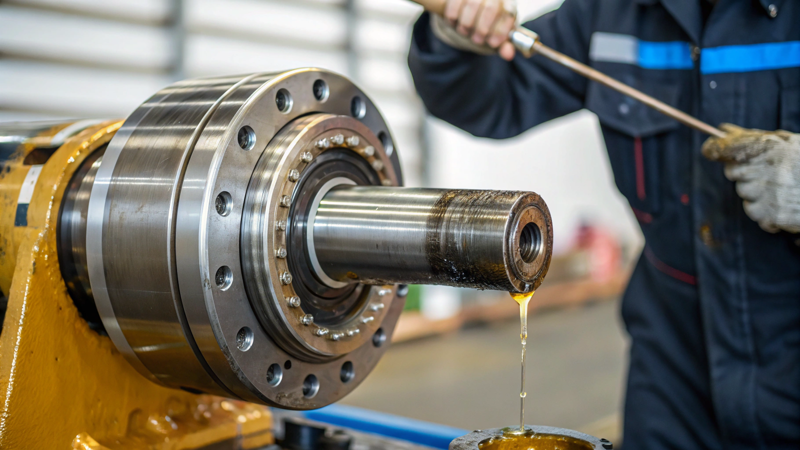 close-up-of-a-leaking-hydraulic-cylinder-with-oil-